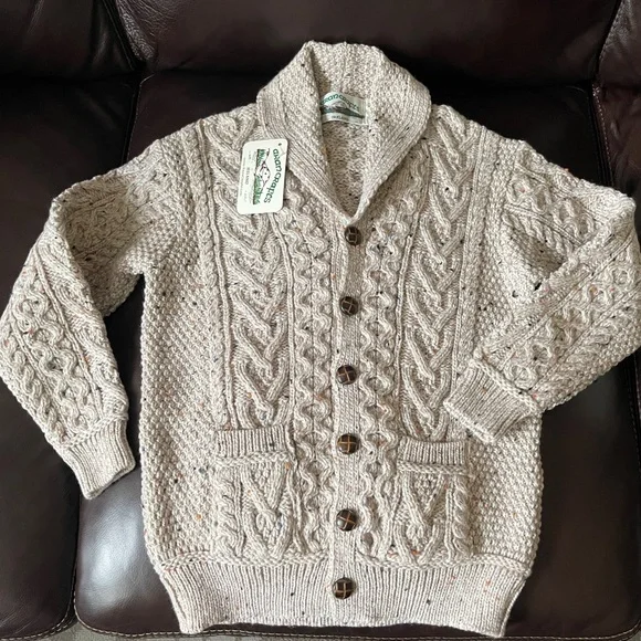 Aran Crafts Ireland Boys Shawl Collar Cardigan. NWT. Color Oatmeal.